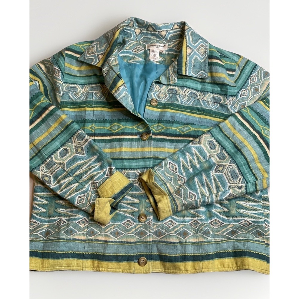Coldwater Creek Jacket Linen‎ Blend Size L Southwest Turquoise Lined Mom